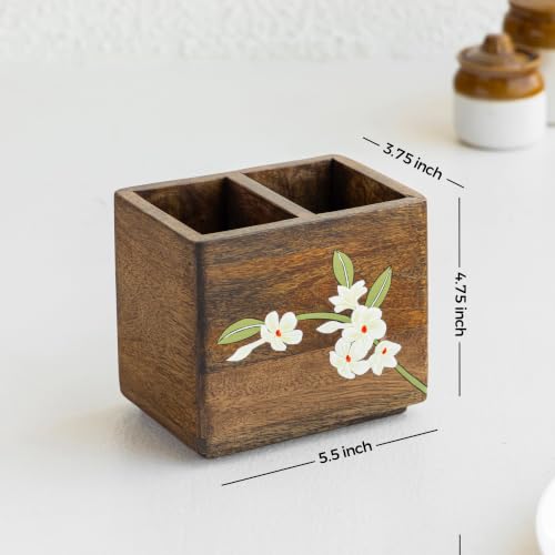 Image of Aurum Crafts Bella Mango Wood Cutlery Stand | Spoon & Fork Stand for Kitchen | Cutlery Holder for Dining Table | Multipurpose Kitchen Organizer (15 x 15 x 15 cm / 6 x 5 x 5 inches)