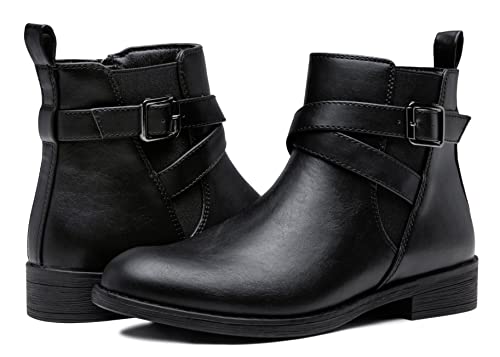 Jeossy Women's Ankle Boots 9011 Black Chelsea Flat Booties Buckle Strap Zipper Low Heel Shoes For Women Size 8(Djy9011 Black 08) #TOP3