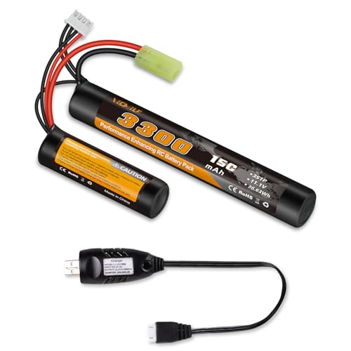 VICMILE 3300mAh Airsoft Battery 11.1V Nunchuck Battery with Mini Tamiya Plug 3S Rechargeable Stick Shape Butterfly Fit for aeG AK47 M4 MP5 and Most Airsoft Model Guns Rifles
