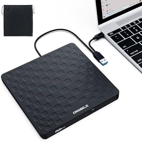 ORIGBELIE External CD DVD Drive for Laptop, USB 3.0 Type-C Ultra Slim 13mm DVD Player Portable CD DVD +/-RW Drive CD Burner Reader Writer Recorder for Desktop PC Windows 11/10/8/7 Linux Mac OS (Black) Cover
