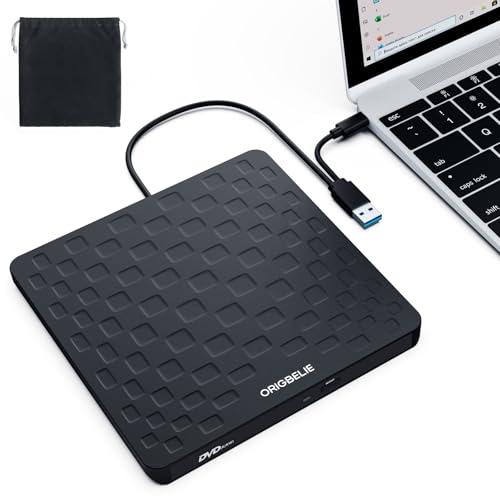 ORIGBELIE External CD DVD Drive, ultra-slim black design with integrated cable