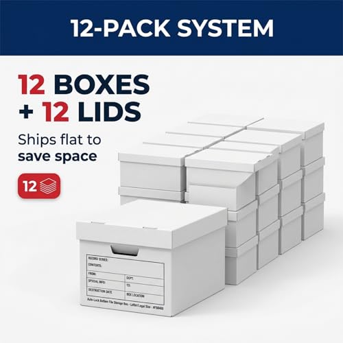 Image of BOX USA Boxes with Lids and Handles (12-Pack) - File Storage Boxes for Office Supplies, Book Storage, Moving, and Packaging