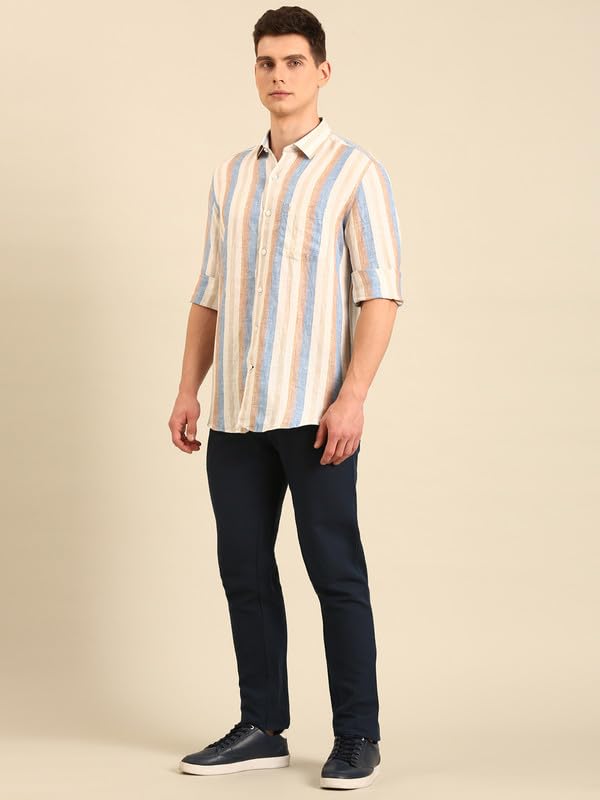 Image of Linen Club Men's Linen Rich Pink Striped Contemporary Fit Full Sleeve Casual Shirt