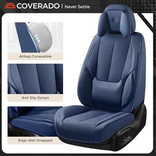 Image of Coverado Seat Covers, Car Seat Covers Front Seats, Car Seat Cover, Car Seat Protector Waterproof, Seat Cushion Nappa Leather with Head Pillow, Carseat Cover Universal Fit for Most Cars (Blue)