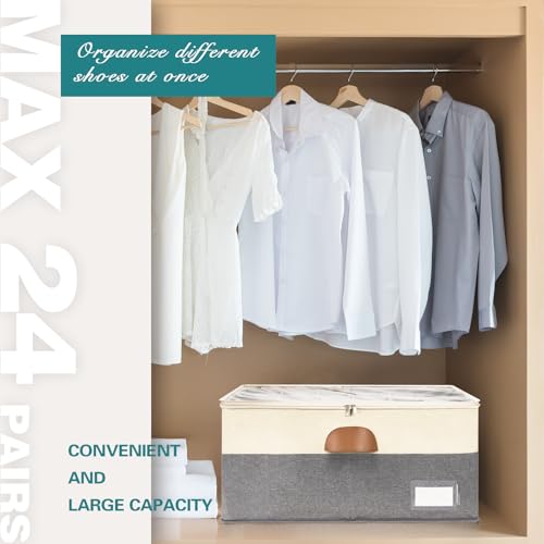 Image of 1 Pack Shoe Organizer for Closet Foldable Storage Box with Clear Cover | Fits 12-24 Pairs Boots and Heels Sneaker Sandals Stackable with Adjustable Divider Space Saving Dorm Beige and Grey