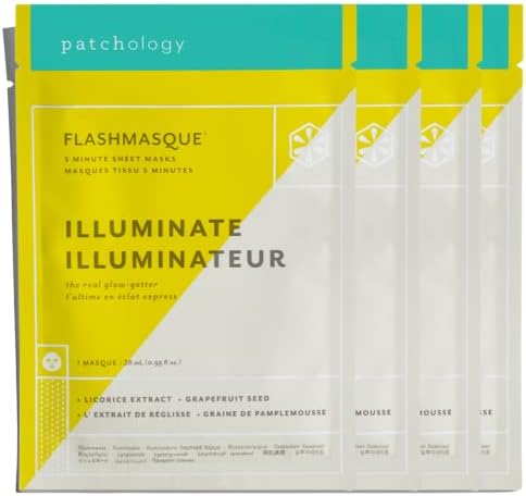 Patchology "Illuminating FlashMasque Facial Sheet Mask - Men & Women Face Masks Skincare Sheet for Brightening, Moisturizing & Hydrating Skin in 5 Minutes - Best Face Sheets Moisturizer (4 Count)