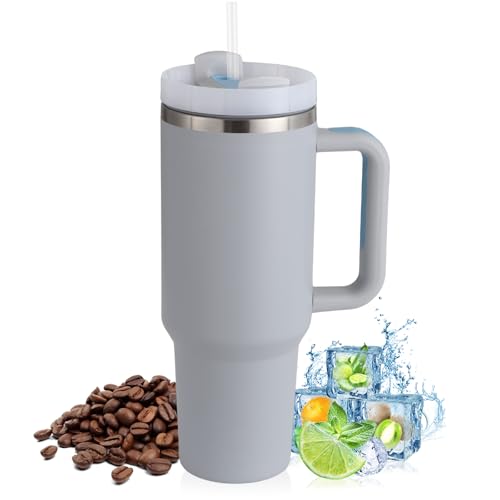 PRAOAHEI 40oz Thermobecher mit Strohhalm und Henkel, 1180 ML Doppelwandiger Edelstahl Heiße Kalte Getränke Vakuum Trinkbecher, Kaffeebecher für Zuhause Reisen Hell Grau