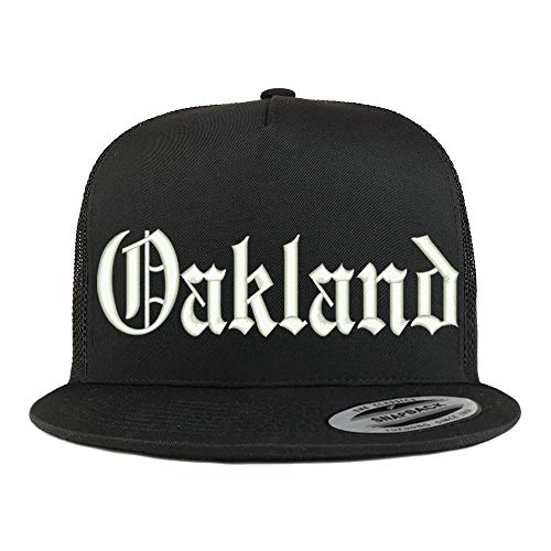 Trendy Apparel Shop Old English Font Oakland City Embroidered 5 Panel Mesh Cap - Black