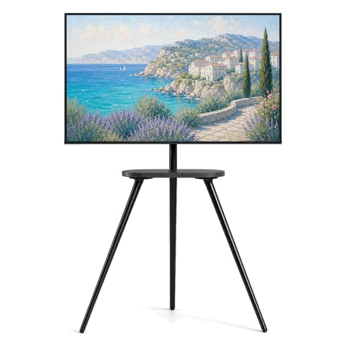 ECOTINY Tripod Easel TV Stand for 43–65 Inch TVs, Height Adjustable Swivel Floor TV Stand with Wood Shelf and Cable Management, VESA 400x400, Black Metal