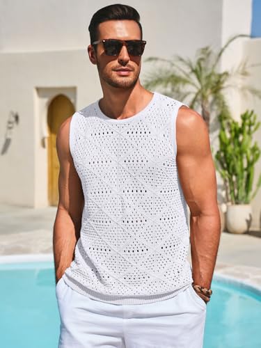 Runcati Mens Knitted Tank Tops Casual Sleeveless Hollow Out Crochet T-Shirts Muscle Summer Beach Hippie Shirts3