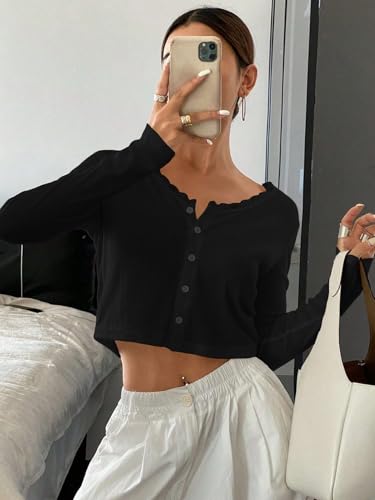 Cioatin Women V Neck Lace Trim Button Down Open Front Pointelle Crop Cardigan Long Sleeve Clean Fit Y2K Minimalist Shirt Tops2