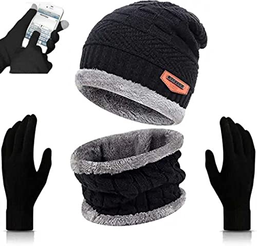 ZaySoo Mens and Womens Combo Winter Cap Scarf Gloves with Inside Fur Skull Hat Fitted to All - Free Size