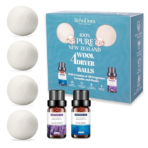 ROSODOM| Wool Dryer Balls Organic 100% New Zealand| 4-Pack, Natural Fabric Softener Dryer Balls, Reduces Wrinkles, Reusable. Included are Two 10ml Bottles of Lavender and Oceanic Essential Oils.