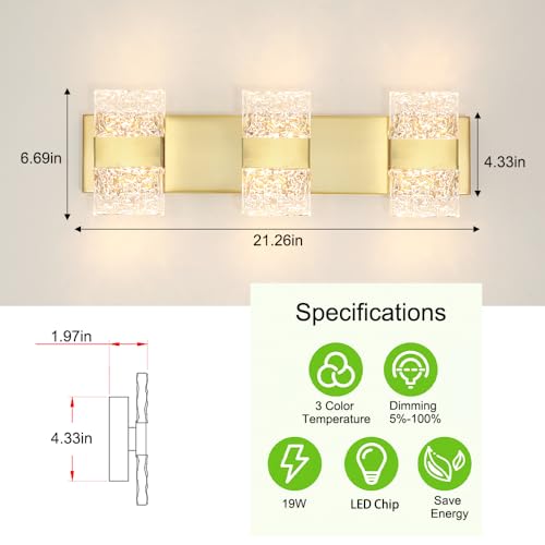 Image of Bathroom Vanity Light Fixture, Modern Brushed Gold LED Vanity Light, Dimmable 19W LED Wall Sconce Lighting for Bathroom, Bedroom, Perfect for Makeup & Shaving