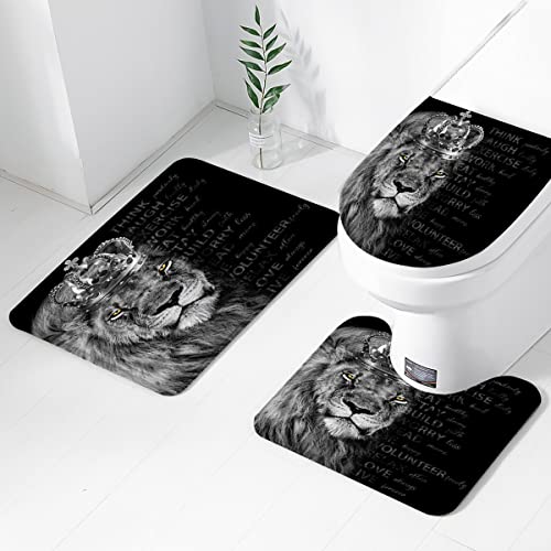 Aatter 4 Piece Mens Lion Shower Curtain Set Crowned Inspirational Quotes Black Wild Animal King 60Wx72L Curtains Decor With Non-Slip Rugs, Toilet Lid Cover And Bath Mat Bathroom Accessories, Modern #TOP1