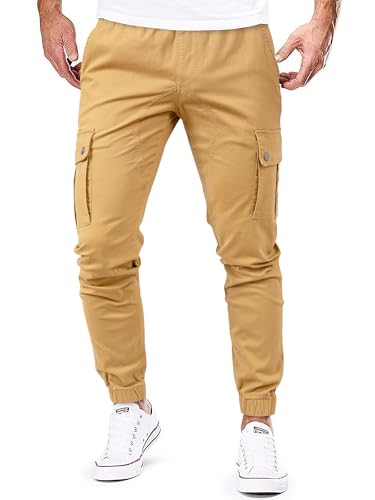 JMIERR Mens Casual Cargo Pants Cotton Tapered Stretch Twill Drawstring Athletic Joggers Sweatpants Trousers with Multiple Pockets, 2XL, Khaki