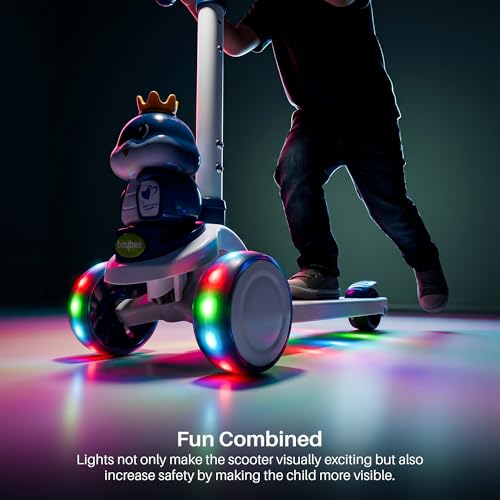 Image of Baybee Dino Crown Kick Scooter for Kids | 3 Wheel Kick Scooter with RGB LED Wheels & Music | 3 Height Adjustable Handle & Rear Brake | Foldable Scooter for Kids 3 to 8 Years Boys & Girls (Lite Blue)