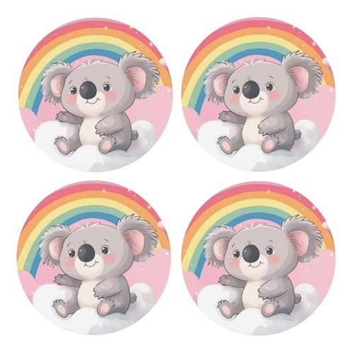 BoltPack Posavasos redondos con base de corcho con estampado de koalas y arco iris, juego de 4 posavasos, alfombrilla de protección de mesa para tazas y tazas