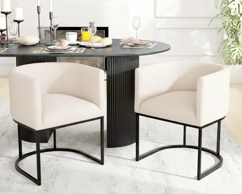 Image of HNY Mid Century Modern Upholstered Barrel Dining Chairs with Arms Set of 2, Linen Kitchen & Dining Room Chairs, 18.5 inch Wide Accent Chair for Dining Room Living Room with Black Metal Frame, Cream