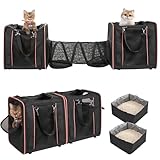 Expandable Double Cat Carrier for 2 Large Cats with 2 Portable Litter Boxes, 3-in-1 Ventilated Pet Travel Carrier for Cats Small Dogs Soft Collapsible for Long Traveling