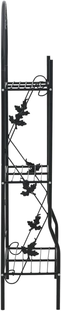 3-Tier Plant Rack, Black Powder-Coated Iron, Medium Decorative Leaf Inlays, 11x20.5x50.4 Inch, Indoor Outdoor Flower Pot Display Shelf for Balcony, Patio, Garden