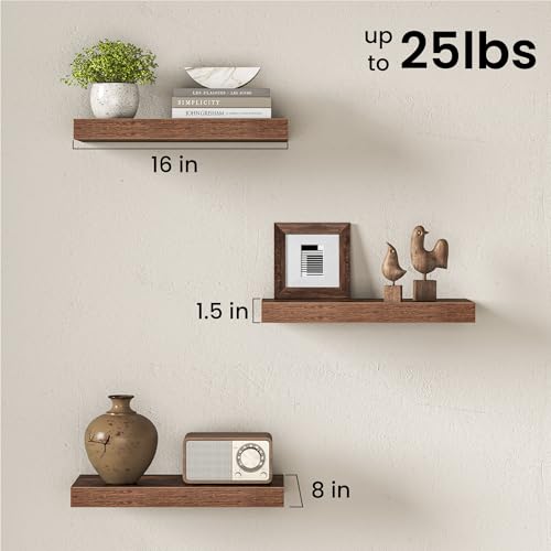 Image of Fun Memories 16Inch Floating Shelves for Wall, 8 Inch Deep Shelves for Bathroom|Bedroom|Kitchen Wall Mounted, Wood Hanging Shelf with Invisible Brackets for Home Storage Decor, Rustic Brown - 2 Pack