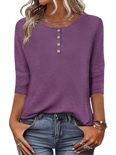 Zeagoo Womens Tops 3/4 Length Sleeve T Shirts Dressy Casual Button Down Blouses Spring Fall Clothes