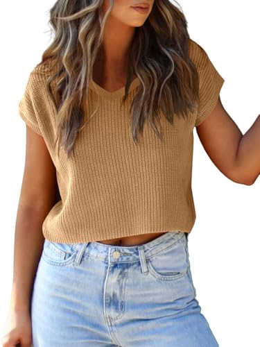 Image of LCXWFE Womens Summer Cropped Sweater Vest Trendy Cap Sleeve Crop Tops Crew Neck Loose Knit Tank Top