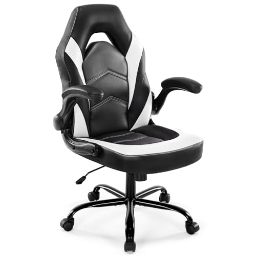 DUMOS Ergonomic Computer Gaming Chair - Big and Tall with Comfy Lumbar Support, Height Adjustable Home Office PU Leather with Flip-up Armrest, 360° Rolling Video Game, Black and White