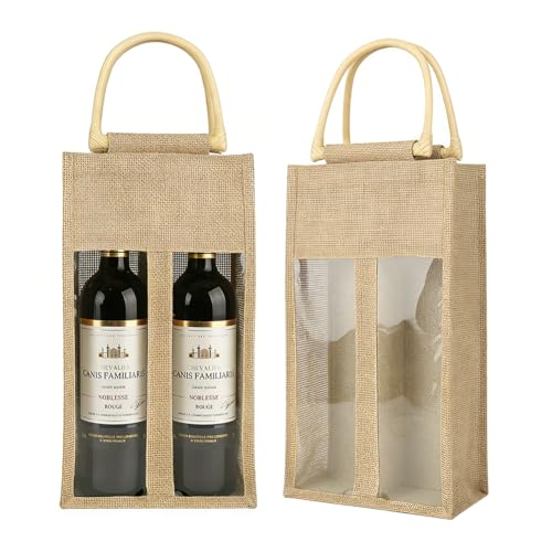 LUPATDY Lot de 2 sacs à bouteilles en toile de jute avec poignée et fenêtre - Réutilisables pour mariage, anniversaire, fête, 17 x 10 x 33 cm