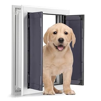 Rseord Sliver Pet Door with Panels, Aluminum Dog Door with Automatic Closing Magnetic Flaps, Medium Doggie Door, Slide-in Panel & 4 Security Locks, Suitable for Doors, Screen and Wall