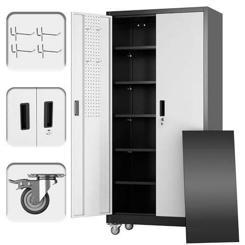 Image of Aobabo Upgrade 71H''*34''W*18''D Metal Garage Storage Cabinet with Wheels and Pegboards, 5 Adjustable Shelves Steel Storage Cabinets for Home,Warehouse,Garage,Assembly Required,Black and Sliver