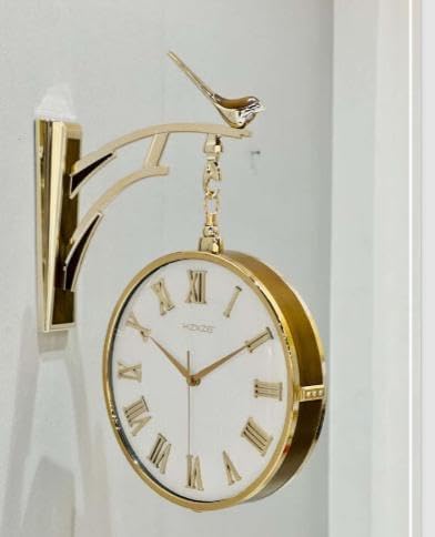 BLACK PANDA Luxury Look Deer Round Wall Hanging Double Sided 2 Faces Retro Station Wall Clock (W5-White) (Golden & White)