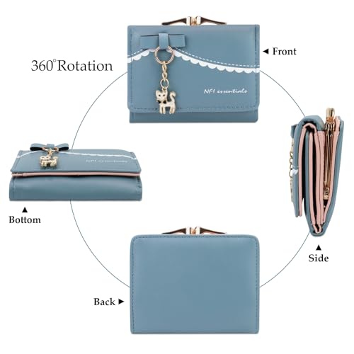 Image of NFI essentials Multi Fold Women's Wallet, Holding Credit Card Cash & Coins Small Purse Clutch with Cat Shaped Metal Keychain Mini Wallet (Blue)