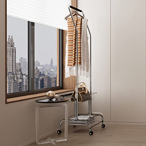 Aixsponsa Rolling Clothes Rack With 2 Tier Basket, Freestanding Clothing Racks For Hanging Clothes, Metal Garment Rack With Wheels, Chrome #TOP5
