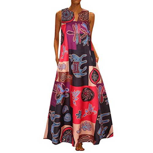 Xinantime Womens Print Daily Casual Sleeveless Vintage Bohemian V Neck Maxi Dress Plus