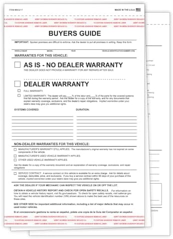 Buyers Guide Car Dealers - Self Adhesive As/is Warranty Form - 2 ...