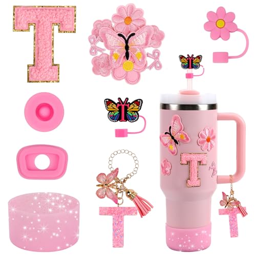 15PCS Cup Accessories Set for Stanley Cup 30oz 40oz Tumbler with Handle, Including Silicone Straw Cover and Boot, Spill Proof Stopper, Stanley Charms, Handle Charm, Initials Sticker (Letter T, Pink)