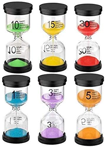 Hourglass Sand Timers For Kids, Hourglass Timer 1/3/5/10/15/30 Minutes, Plastic Sand Clock for Games Classroom, Colorful Sand Watch, Mini Hour Glass Sandglass Timer (Pack of 6)