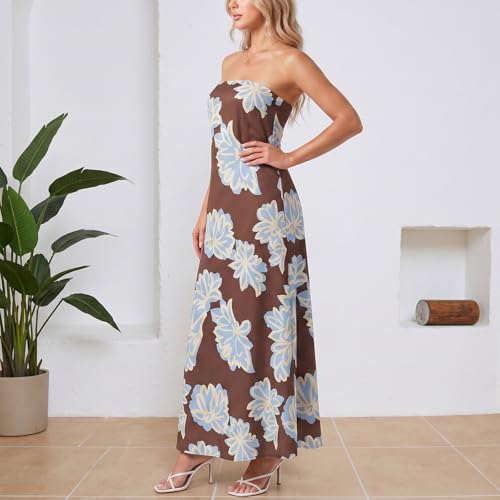 Image of Zwirelz Women Strapless Maxi Dress Boho Floral Print Flowy Long Tube Dress Off Shoulder Loose Beach Sundress