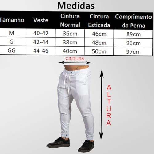 Calça Jogger Masculina Esportiva de Tactel, Tamanho G, Com Bolsos Com Zíper (G veste 42-44, Branco)