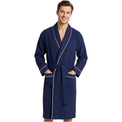 Get Trend Albornoz Hombre y Adolescente M-3XL, Bata de Casa Waffle Ligera con Cinturón, Ideal para Spa y Viaje, Regalo para Hombre (2XL, Marina)