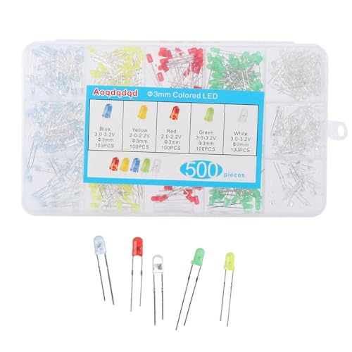 HOBBYIN 500Pcs 3mm LED Diodes Assortment Kit Round Diffused Led Light Emitting Diode Circuit LED Assorted Set,(White/Red/Yellow/Blue/Green)