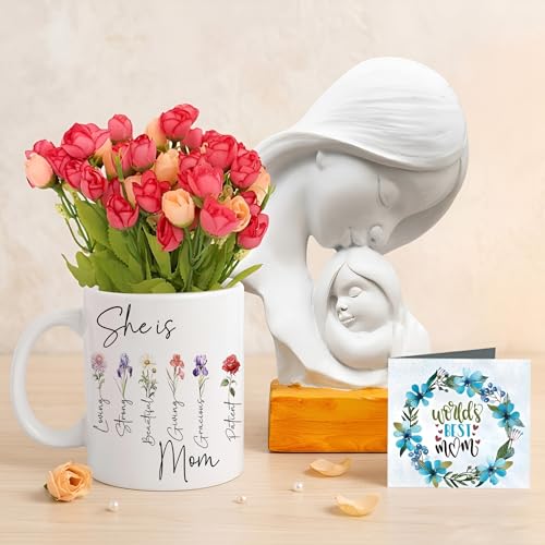 Image of TIED RIBBONS Gift for Mom, Birthday Gift for Mom Women Wife Mother in Law Mummy (Mother with Child Statue, Artificial Flower Bunch, Ceramic Coffee Mug & Greeting Card) Set Combo