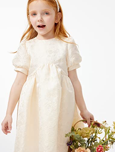 Girls Dresses Jacquard Princess Round Neck Short Sleeve A-Line High Waist Dress Ivory4