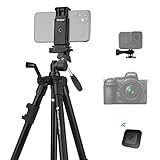 Fotopro Cámara Trípode, 120cm Ligero Tripod de Aluminio, Tripode Movil con Remoto Bluetooth, Tripode Portátil con Cabeza de 3 Vías para iPhone, DSLR Canon, Nikon, Sony