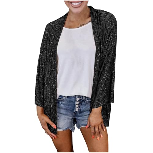 HGps8w Women's Shiny Sequin Open Front Blazer Irregular Hem Sparkle Long Sleeve Cardigan Jackets