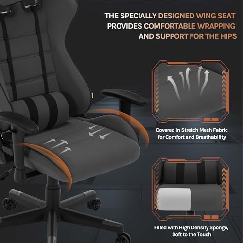 Sedia Gaming di Tessuto Traspirante, Poltrona da Gaming Ergonomica, Sedia da PC con Poggiatesta, Cuscino Lombare, Braccioli Regolabili, Funzione Basculante, Tessuto a Rete, Grigio - Sedia gaming - Immagine 3