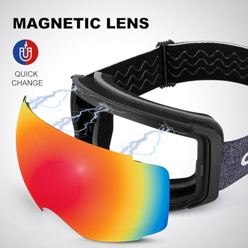 Odoland Magnetic Interchangeable Ski Goggles with 2 Lens, Large Spherical Frameless Snow Snowboard Goggles for Men Women, Black Frame Blaze Lens by Odoland - Used condition - Image 2