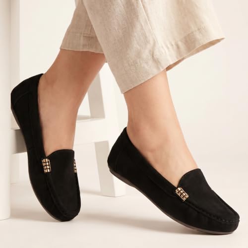 Image of CatBird Women's Suede Finish Loafers | Slip-On Flat Shoes with Minimal Metal Detail | Soft Cushioned Footbed and Flexible Grip Sole | Ideal for Office, Everyday Wear, Travel and Casual Outings